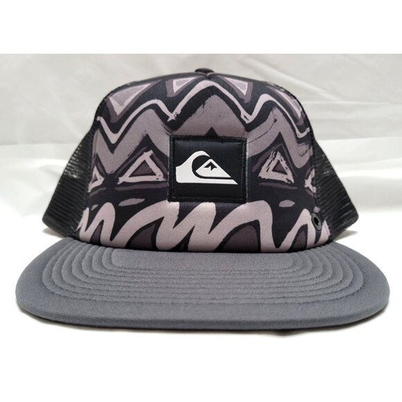 Quiksilver Black Gray Mesh Trucker Hat Abstract Print Adjustable Snapback OSFM - Picture 1 of 9